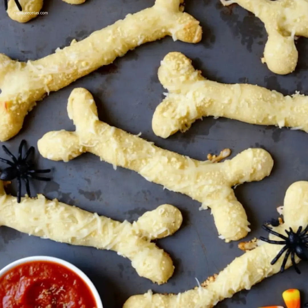 Delicious Cheesy Halloween Breadstick Bones on a white marble table