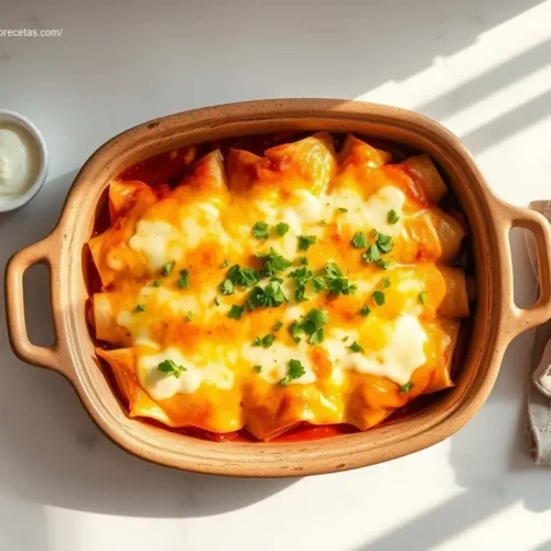 Family-size chicken enchilada bake overhead view with fresh cilantro