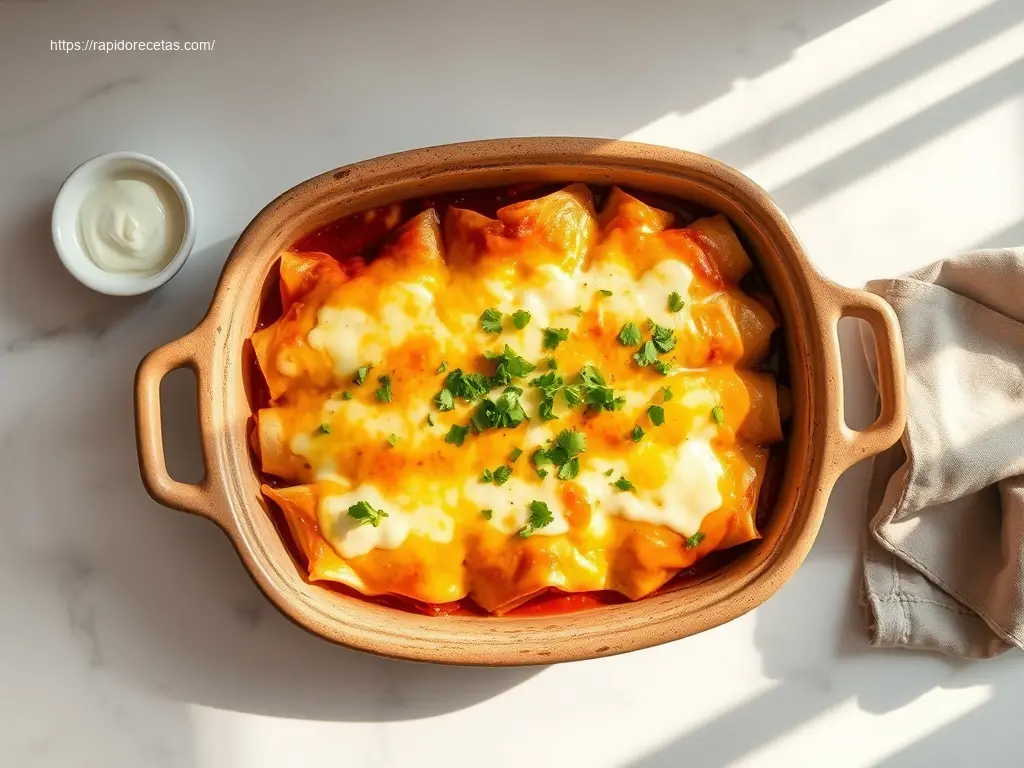 Family-size chicken enchilada bake overhead view with fresh cilantro