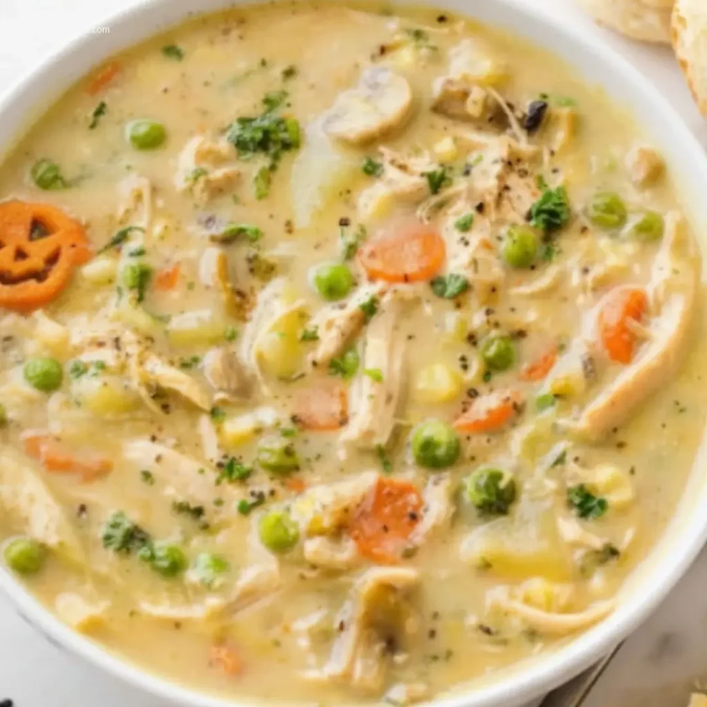 Creamy Chicken Pot Pie Soup with crust 45 degree view
