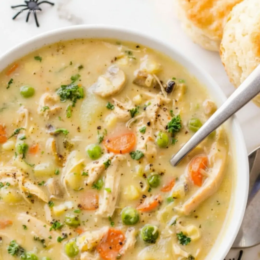 Delicious Chicken Pot Pie Soup overhead shot