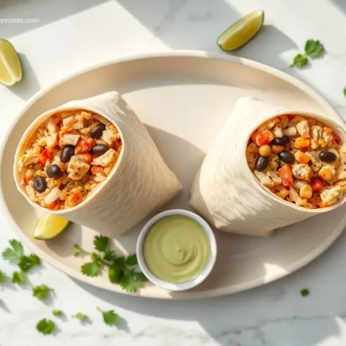 Large Batch Chicken & Rice Burritos: 5 Easy Steps 2 Delicious Large Batch Chicken and Rice Burritos on a white marble