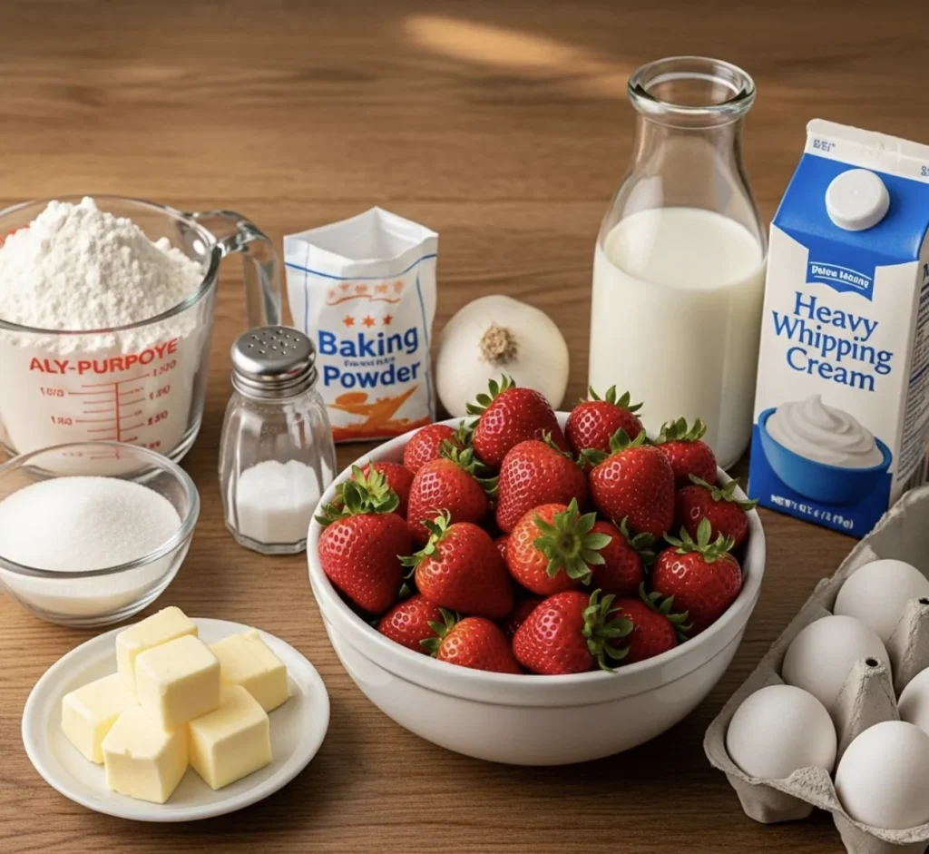 Strawberry Shortcake: 4 Reasons You'll Love It 7 Fresh strawberry shortcake ingredients on a wooden table