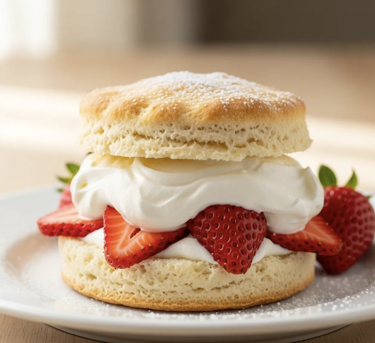 Homemade strawberry shortcake with cream and fresh berries
