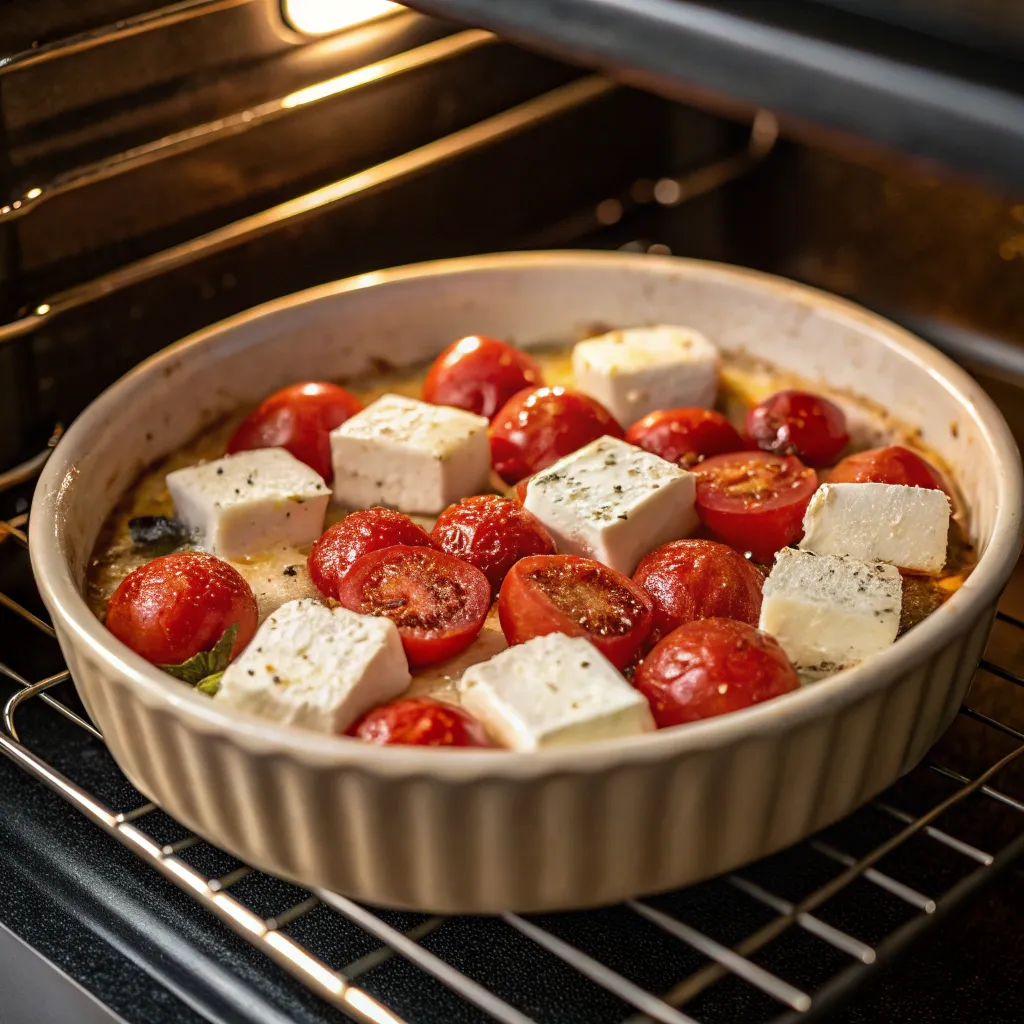 Baked Feta Pasta: 5 Easy Steps To Make It Tonight 4 Close-up of cherry tomatoes and feta baking in a ceramic dish
