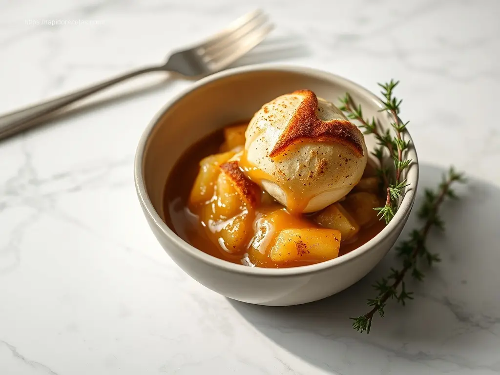 Cinnamon Roll Apple Cobbler: 3 Easy Steps to Bliss. 1 Warm Cinnamon Roll Apple Cobbler dessert on a white marble table