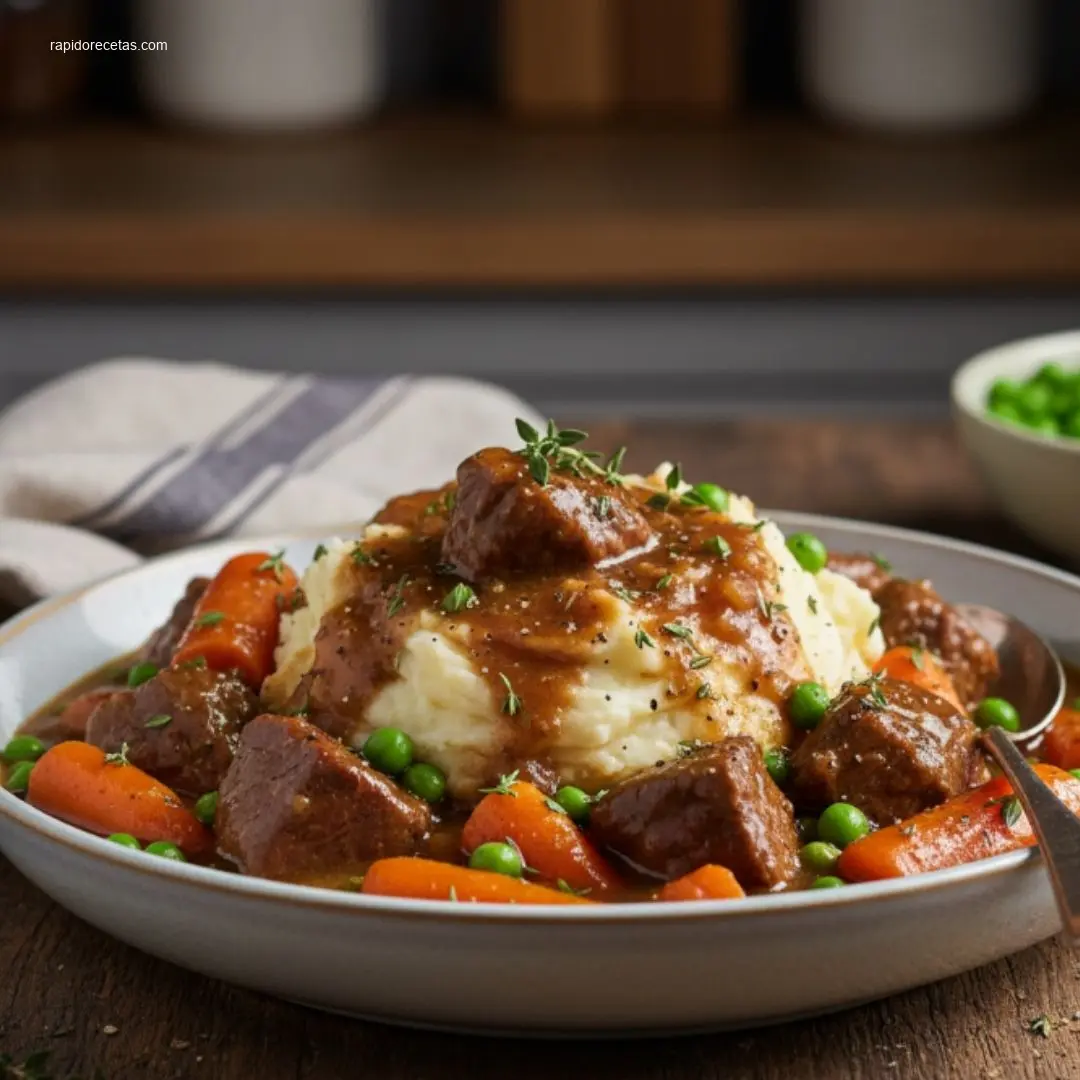 Overhead view of comforting crockpot beef stew ready to eat