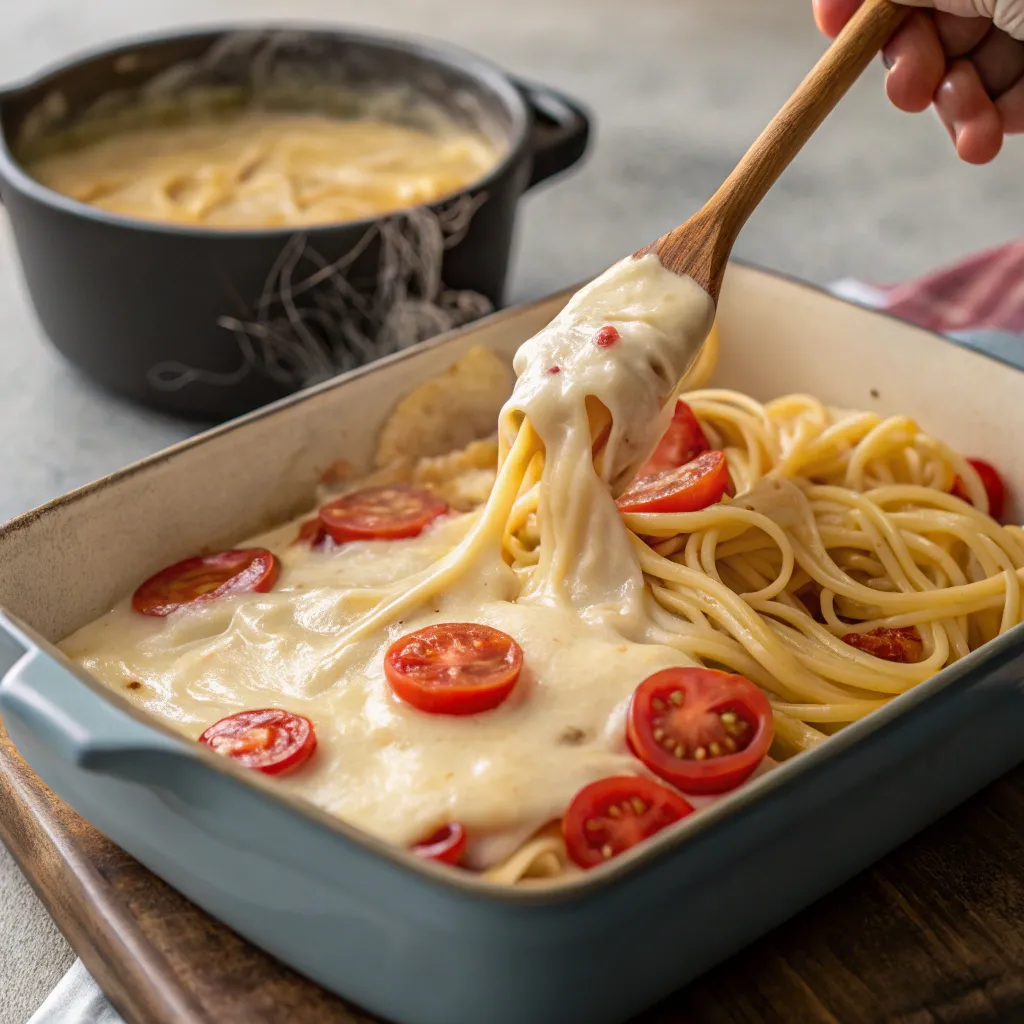 Cooked pasta mixed with melted brie and cherry tomatoes