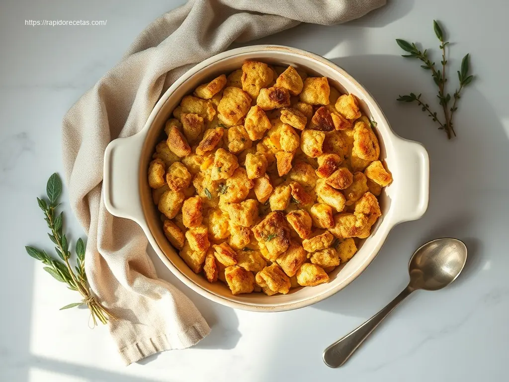 Cornbread Stuffing with Sage & Thyme: 8 Serving Ideas 7 Cornbread Stuffing with Sage & Thyme in a ceramic dish