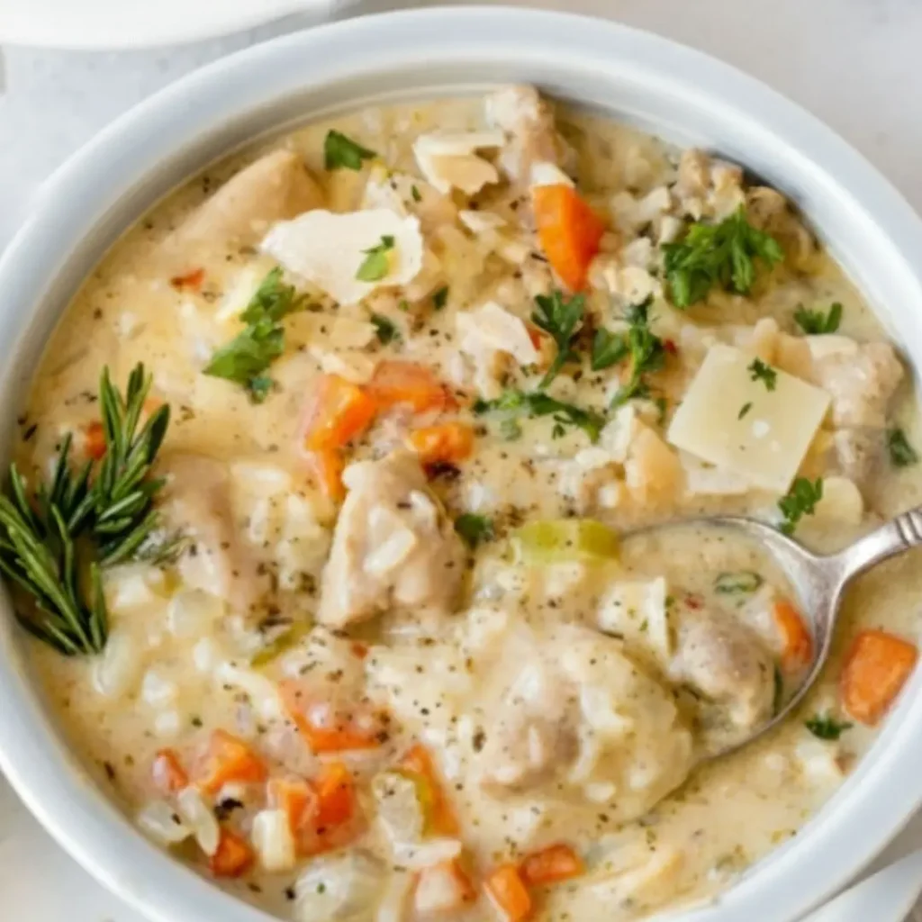 Spoon lifting Creamy Chicken and Rice Soup with chicken and rice