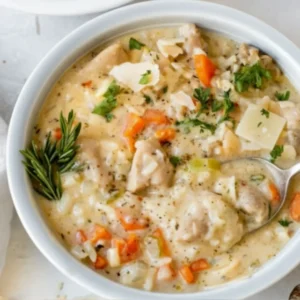 Delicious Creamy Chicken and Rice Soup ready to be enjoyed