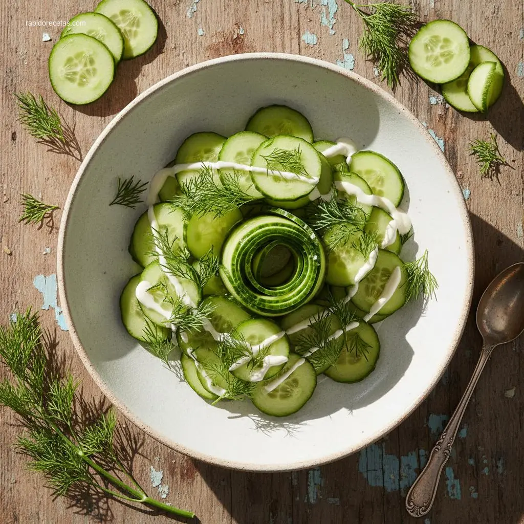 Refreshing creamy cucumber salad in a rustic bowl.