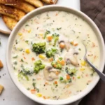 Creamy vegetable soup on marble table with tea and thyme