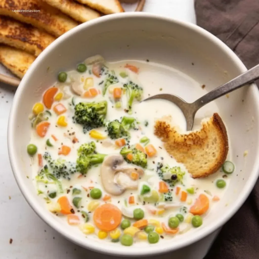 Spoon lifting creamy vegetable soup showing rich texture
