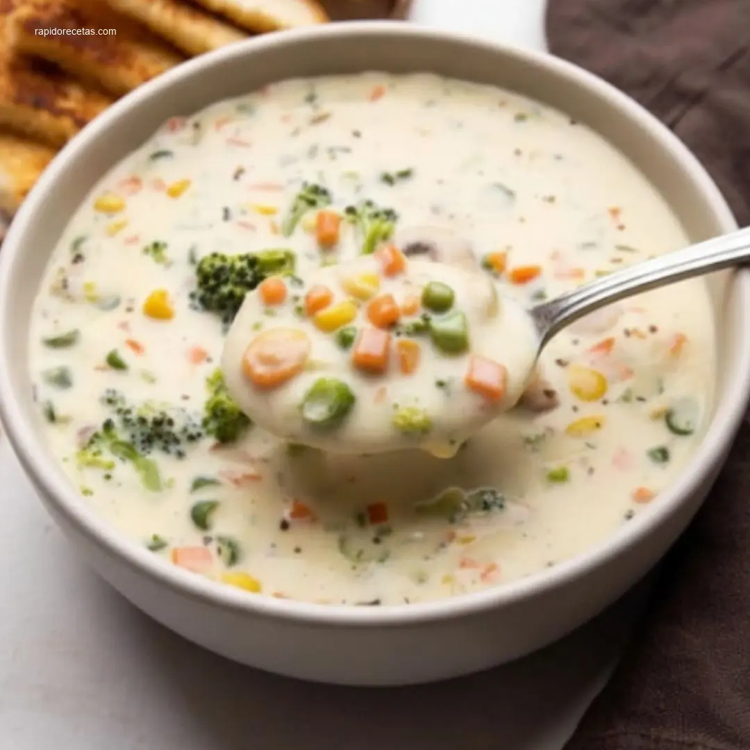 Creamy vegetable soup bowl with chives and crusty bread