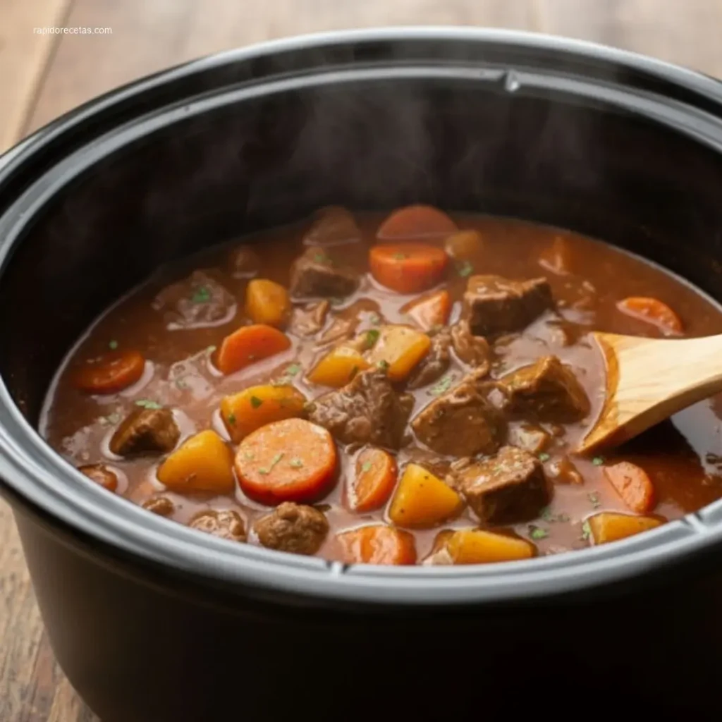 Crock Pot Beef Stew: 2-Ingredient Wonder 4 Steaming bowl of Crock Pot Beef Stew with spoon
