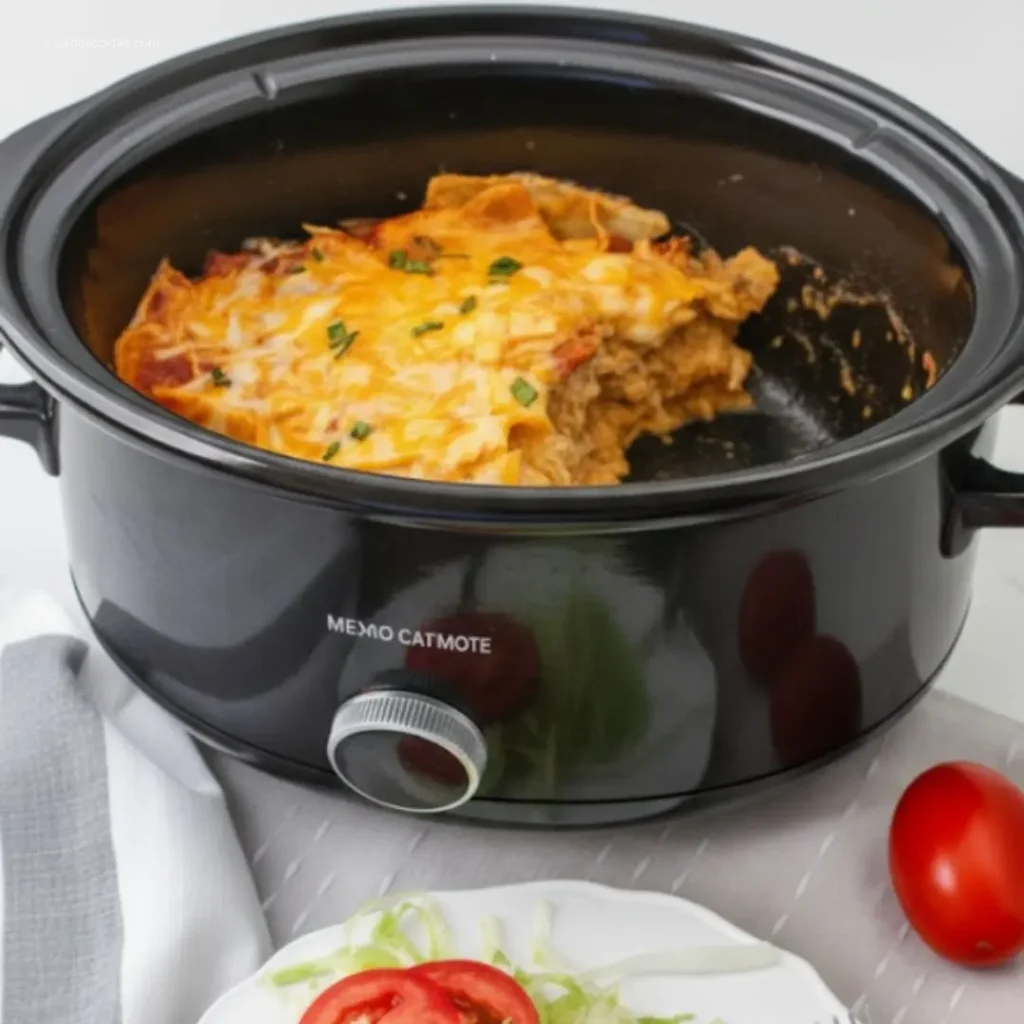 Spoon lifting Crockpot Chicken Enchilada Casserole