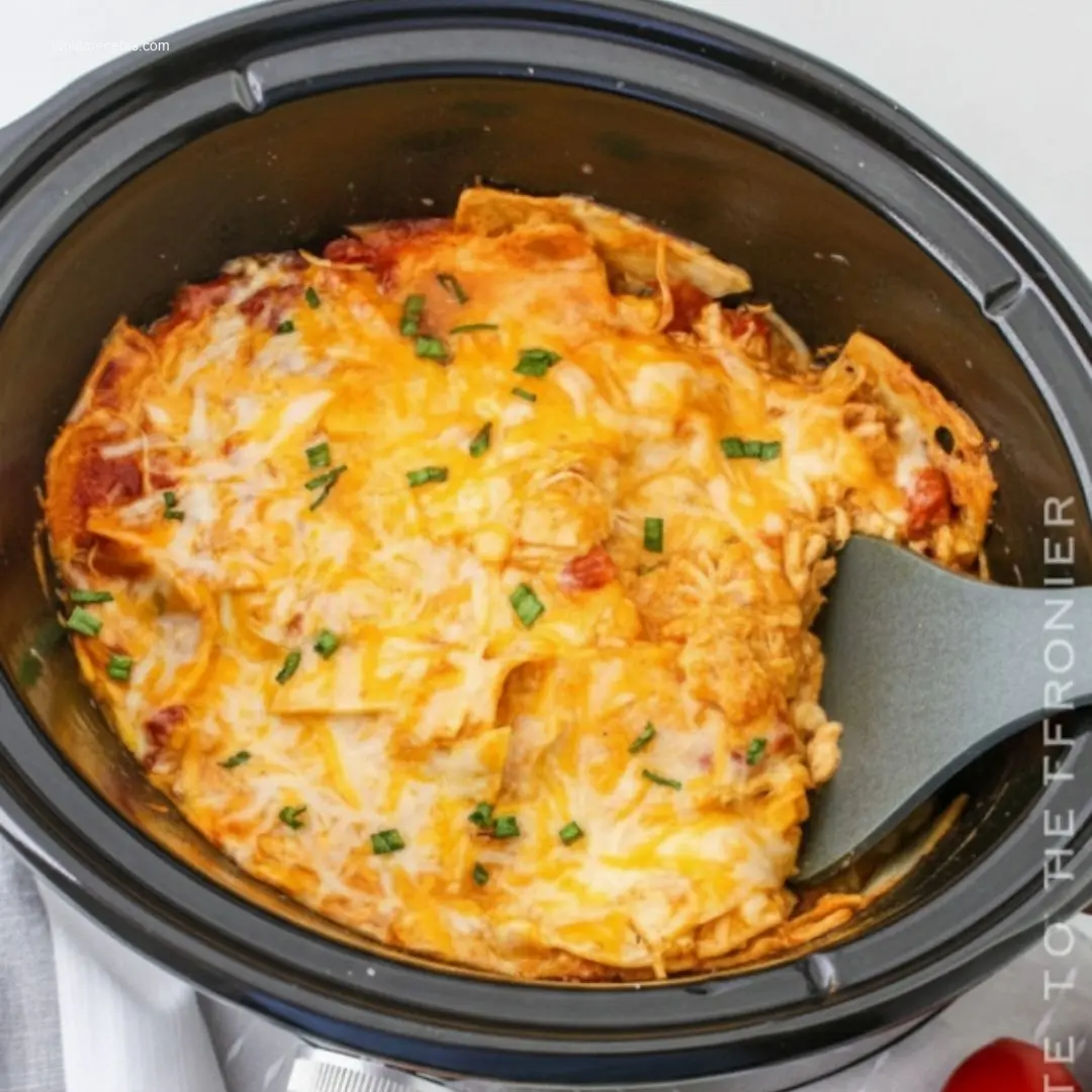 Delicious Crockpot Chicken Enchilada Casserole flat lay