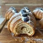 Warm croissant with blueberries on a grey plate