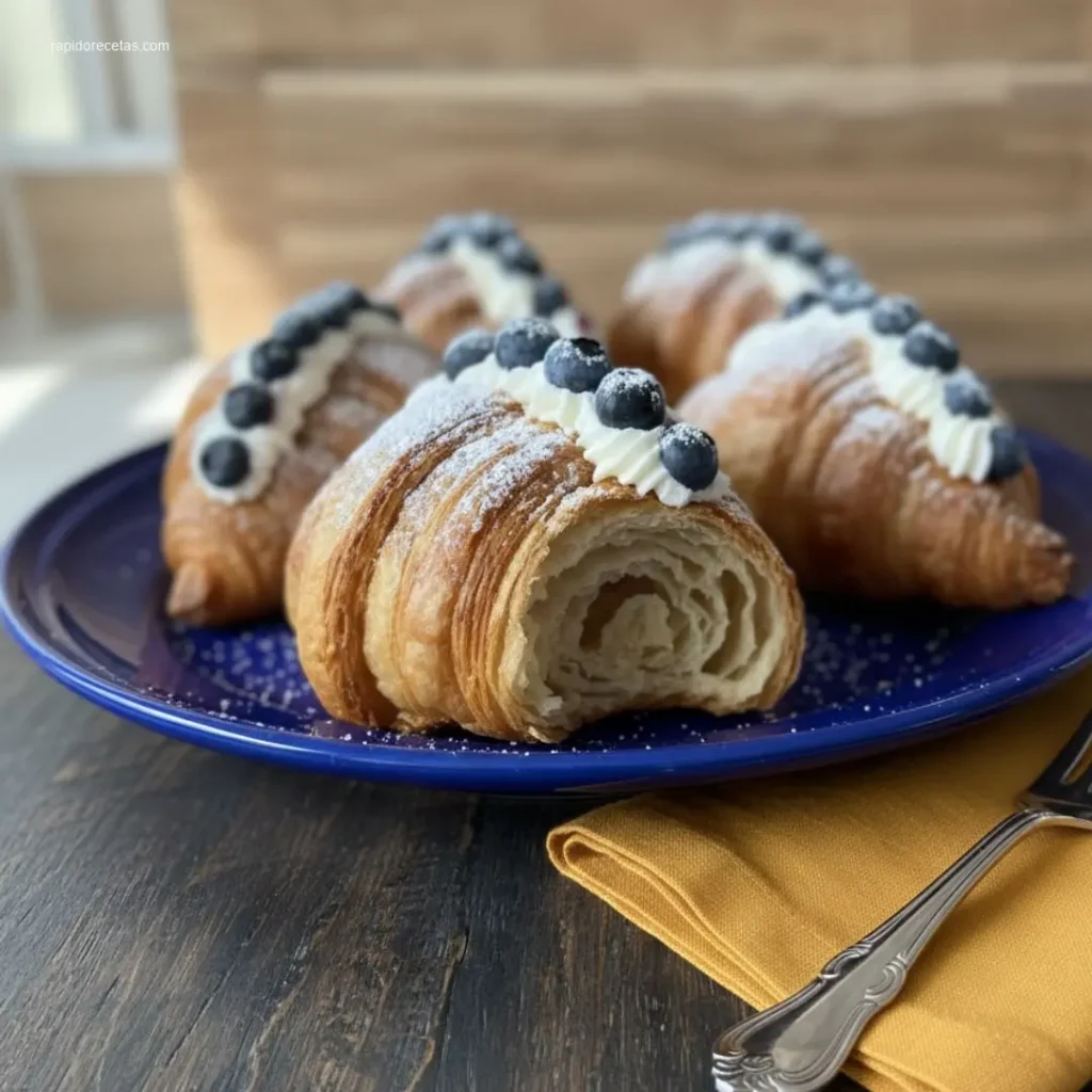 Hand pulling apart a croissant with fresh blueberries