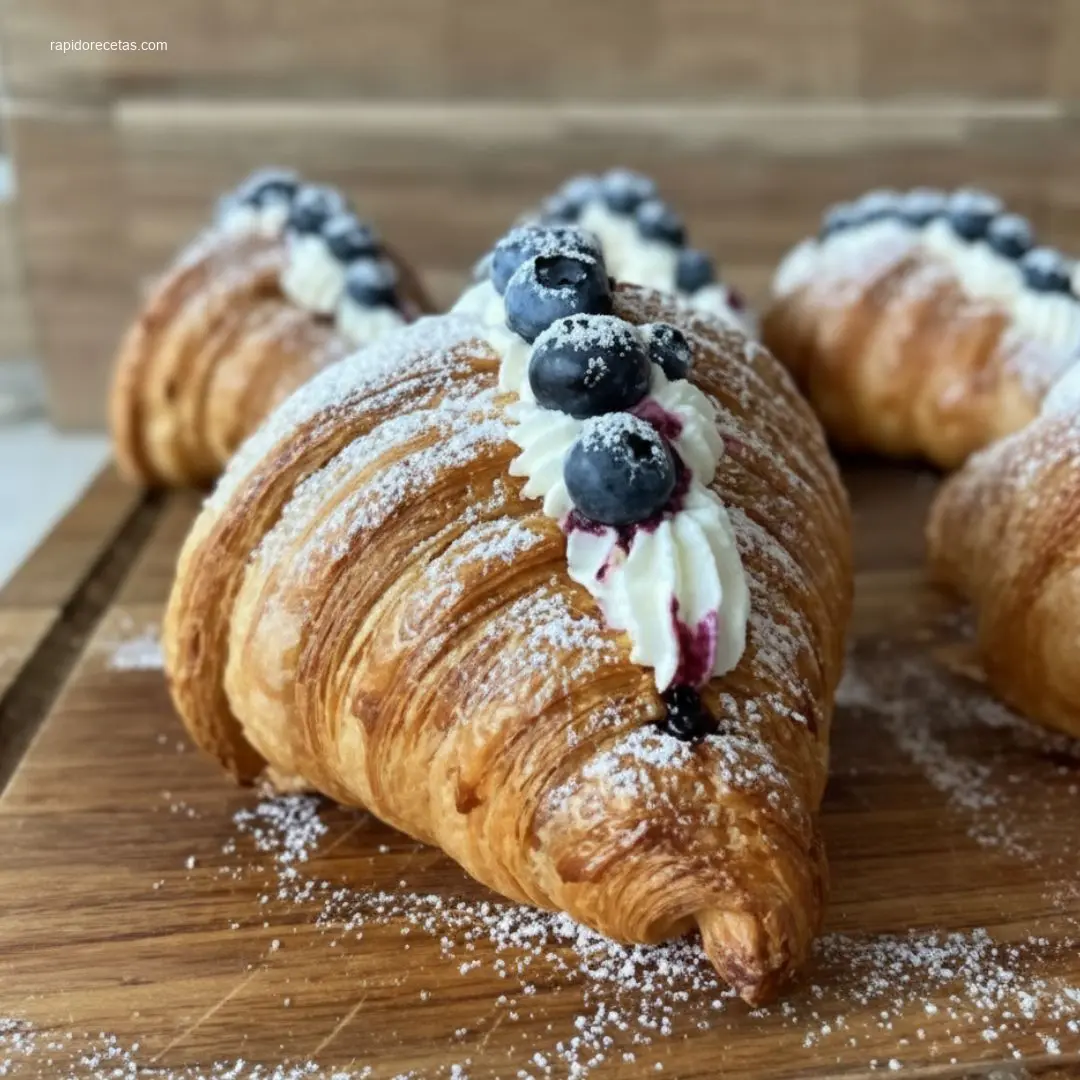 Flaky croissant with fresh blueberries on a white plate