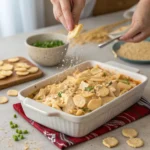 Neiman Marcus Chicken Casserole: 7 Easy Steps to Make It 9 Hand sprinkling crackers over chicken casserole