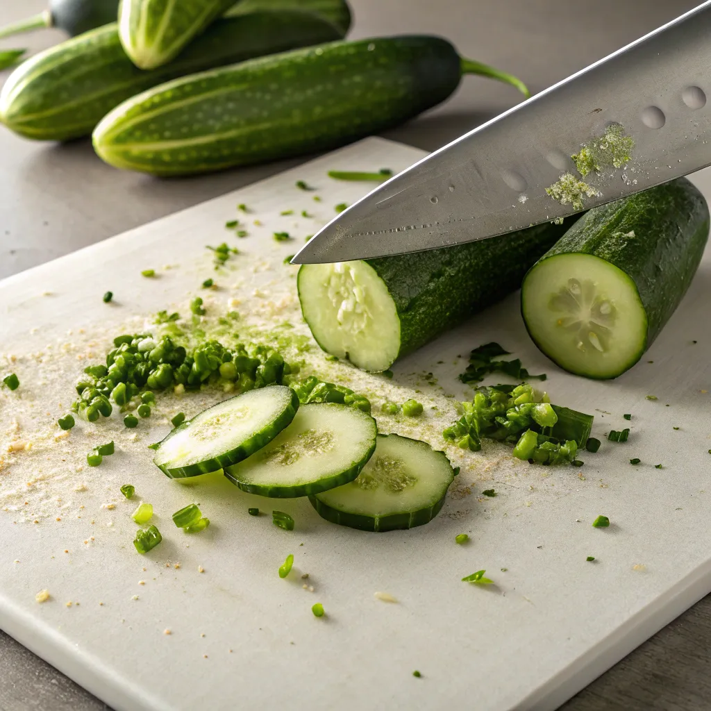 Smashed Cucumber Salad: How To Make It In 6 Steps 8 Fresh cucumbers being sliced with chili and garlic on a cutting board