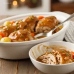 Close-up of Easy Crockpot Chicken and Gravy on spoon
