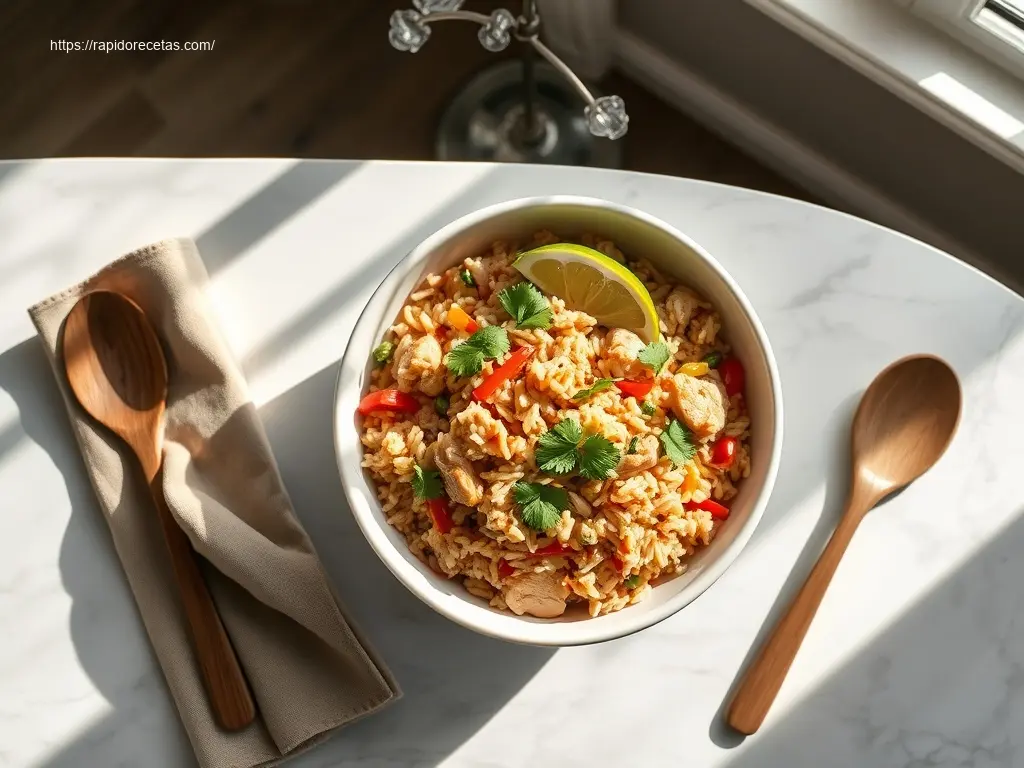 One-Pot Chicken Fajita Rice Crockpot on white marble