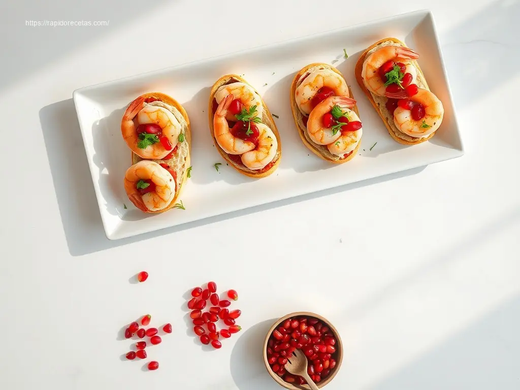 Festive Shrimp Bruschetta with Pomegranate: Your 8-Minute Prep 1 Festive Shrimp Bruschetta with Pomegranate, overhead flatlay