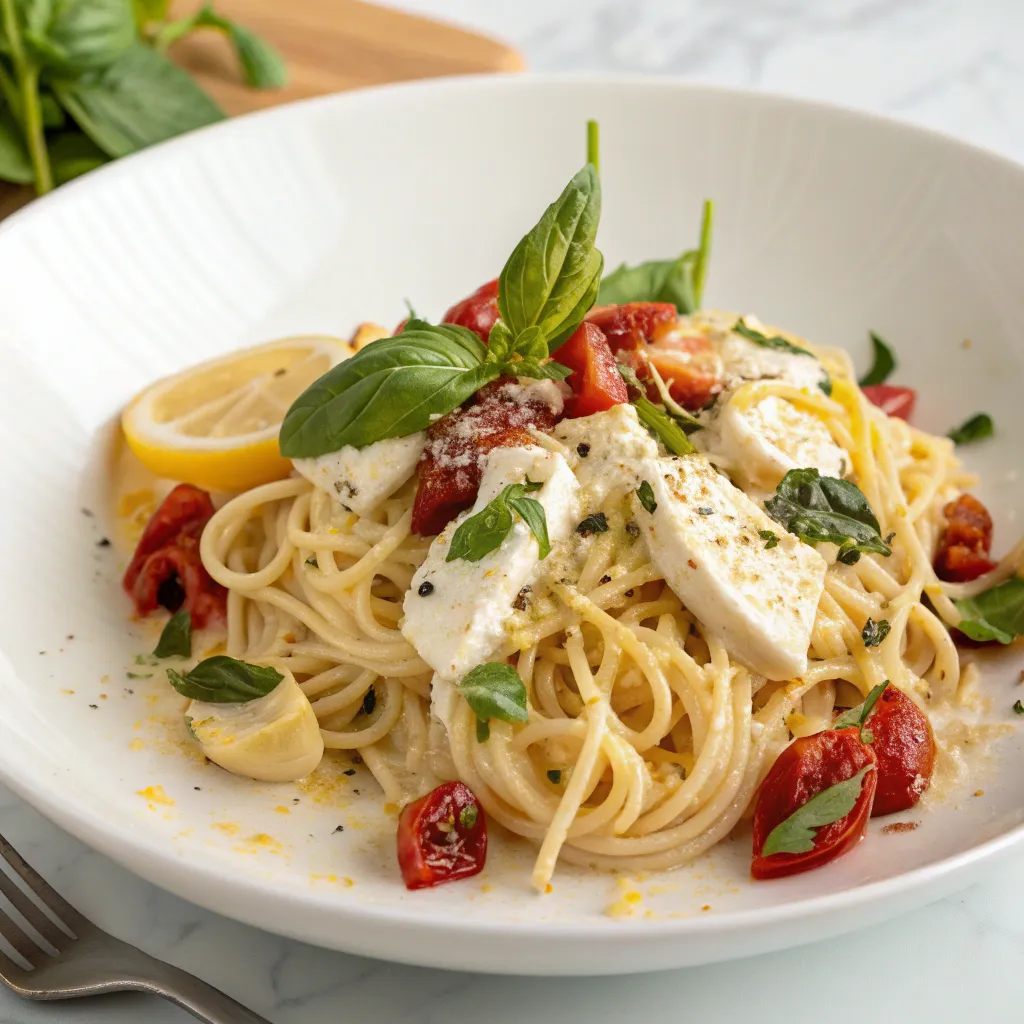 Baked Feta Pasta: 5 Easy Steps To Make It Tonight 5 Plated baked feta pasta topped with herbs