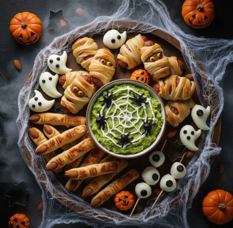 Halloween Appetizers: 2 Simple & Spooky Recipes 9 Halloween platter with spiderweb guacamole mummy dogs and ghost eggs Halloween Appetizers