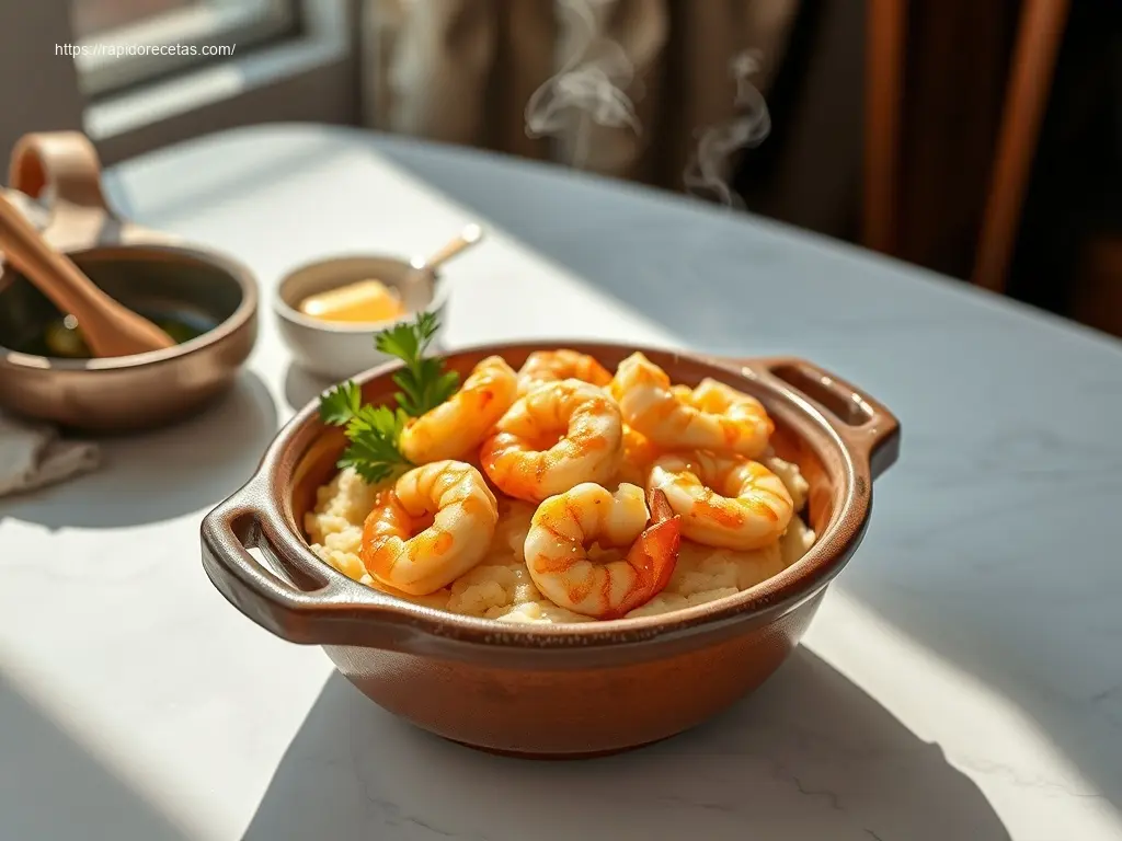 Delicious garlic butter shrimp over mashed potatoes ready to eat