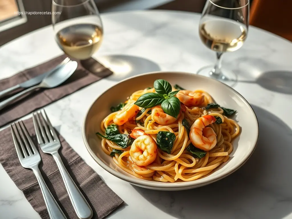 Delicious Garlic Shrimp Linguine with Spinach overhead