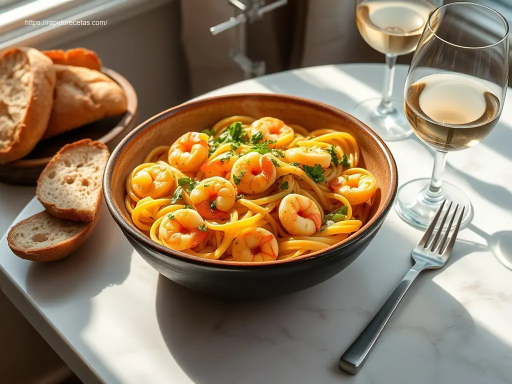 Delicious Garlic Butter Shrimp Scampi Pasta overhead shot