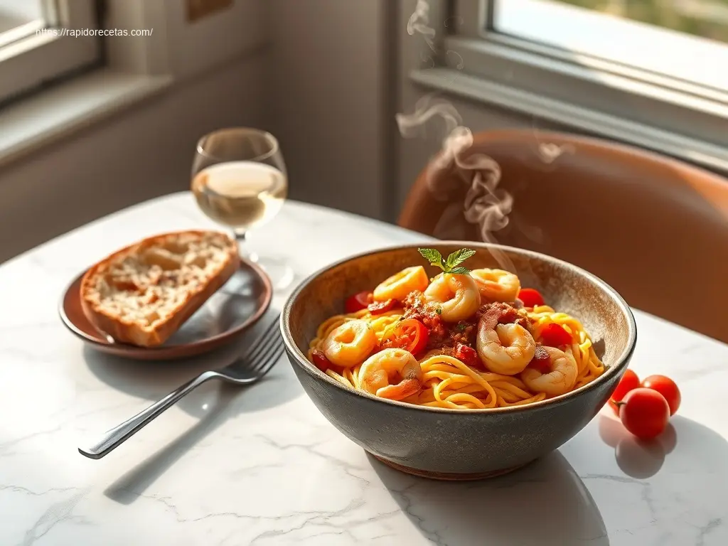 Delicious Garlic Shrimp and Tomato Cream Pasta flatlay