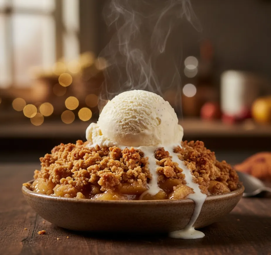Steaming baked apple crisp topped with vanilla ice cream