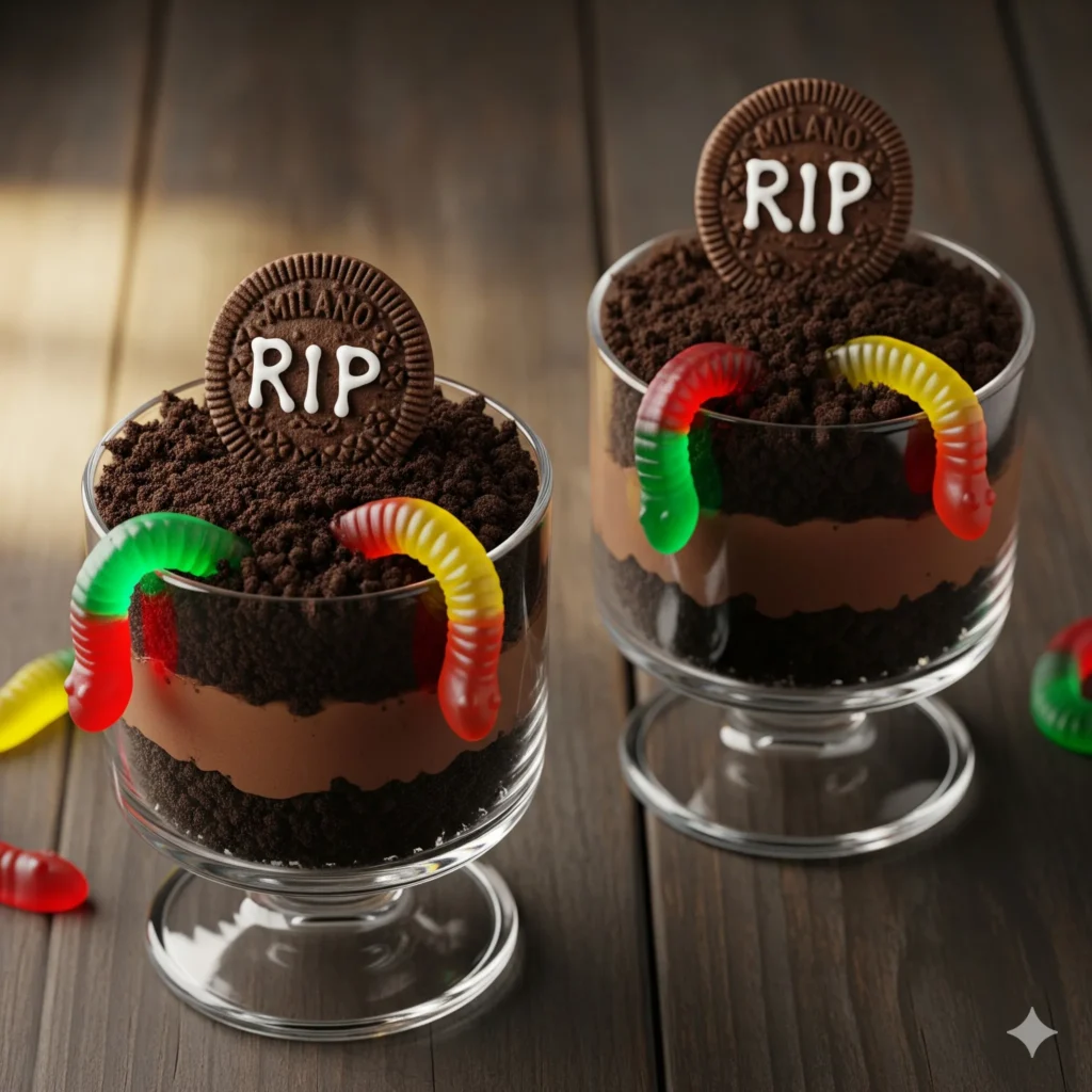 Halloween Food: 7 Easy Party Recipes 7 Chocolate pudding cups topped with crushed cookies gummy worms and cookie gravestones