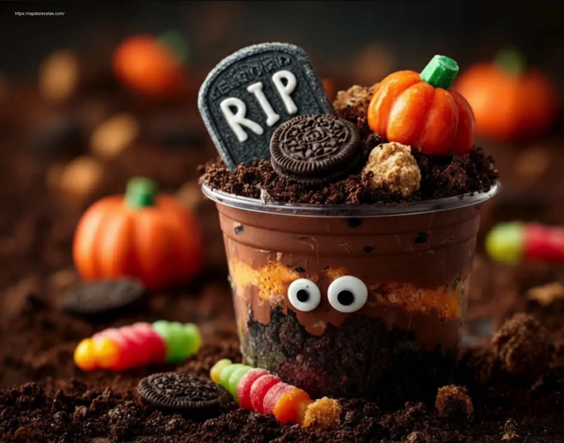Graveyard Pudding Cookie Cups on a white marble table