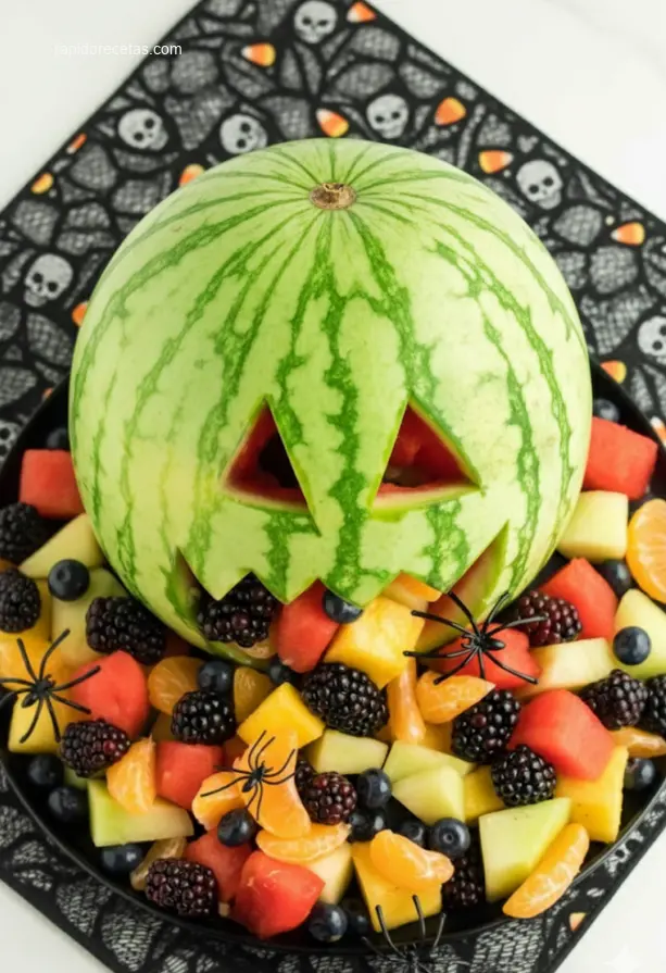 Overhead view of a spooky yet healthy Halloween appetizers platter.