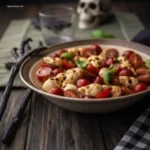 Hand lifting Halloween Caprese Salad with a fork