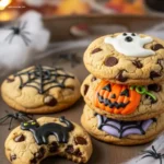 Warm Halloween Chocolate Chip Cookies on a plate with milk