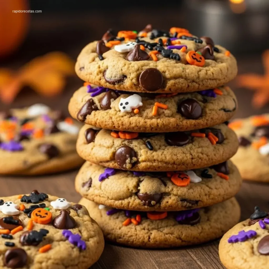 Hand breaking a warm Halloween Chocolate Chip Cookie