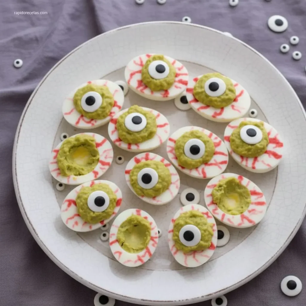 Spooky Halloween Eyeball Deviled Eggs: 3 Recipes. 4 Close-up of Spooky Halloween Eyeball Deviled Eggs being picked up
