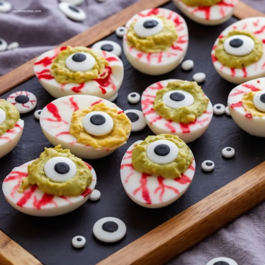 Spooky Halloween Eyeball Deviled Eggs: 3 Recipes. 3 Spooky Halloween Eyeball Deviled Eggs overhead view