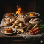 Halloween Food: 7 Easy Party Recipes 5 Rustic display of homemade breads rolls and root vegetables by a fireplace