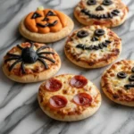 Halloween Mini Pizzas: 10 Best Recipes 5 45-degree view of a ghost-shaped Halloween Mini Pizza.