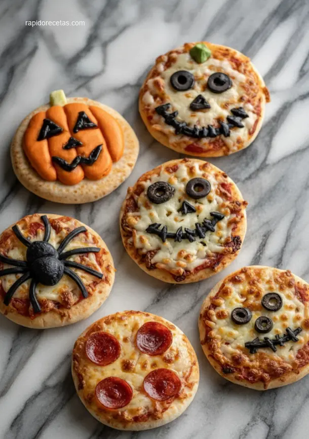 Halloween Mini Pizzas: 10 Best Recipes 7 Overhead shot of spooky Halloween Mini Pizzas on a platter.