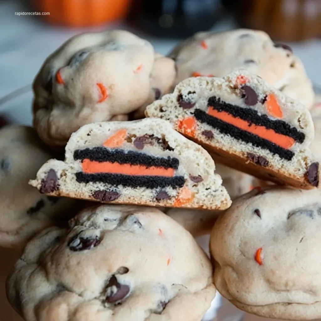 Warm Halloween Oreo Stuffed Chocolate Chip Cookies
