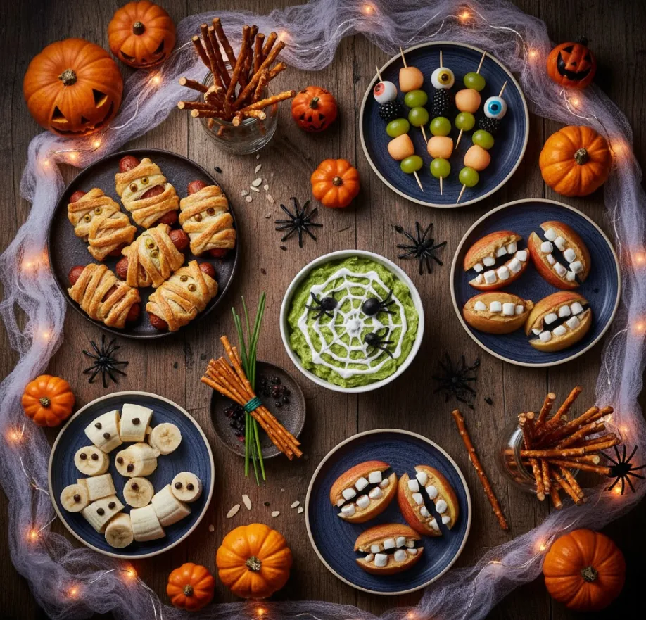 Halloween Appetizers: 2 Simple & Spooky Recipes 7 Halloween party table with mummy dogs spiderweb dip banana ghosts and apple monster mouths